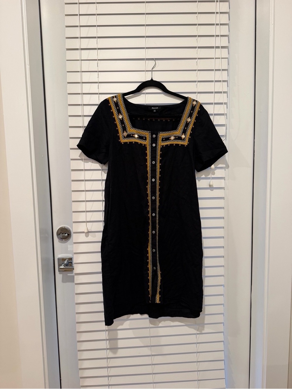Embroidered Black Shift Dress with Gold Trim